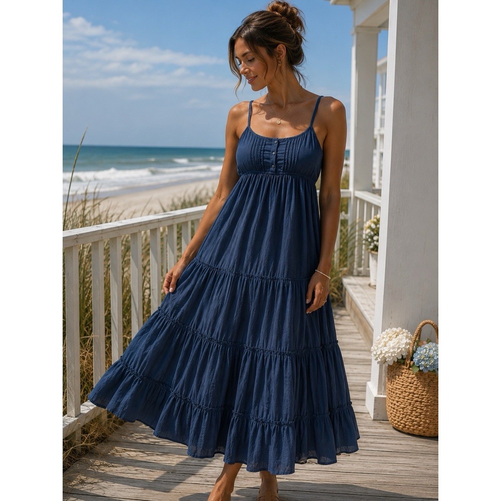 Runway Coastal Tiered Cami Midi Dress Navy Blue Lined Cotton Size L